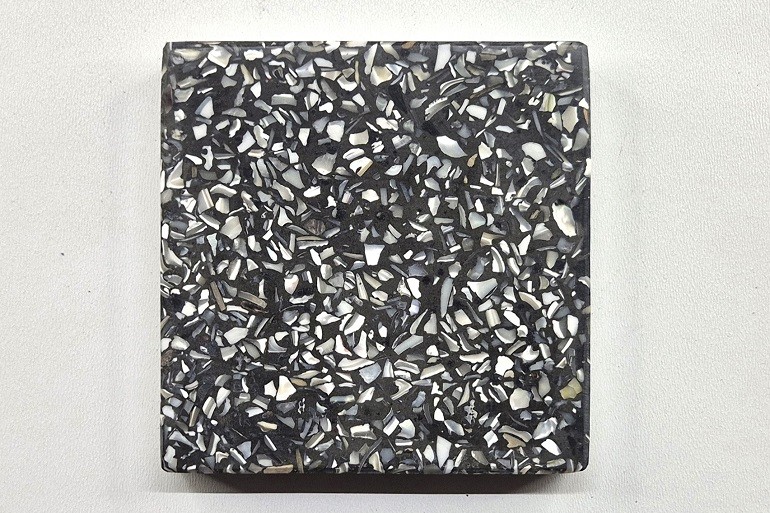 Zwart terrazzo met schelpfragmenten, die een licht contrast vormen met de donkere ondergrond en zorgen voor een bijzondere natuurlijke structuur.